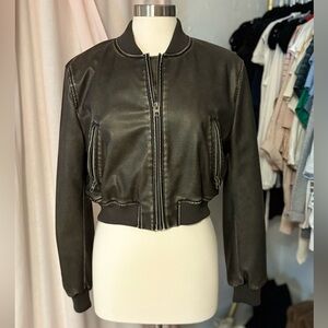 Zara Charcoal Leather Bomber Jacket